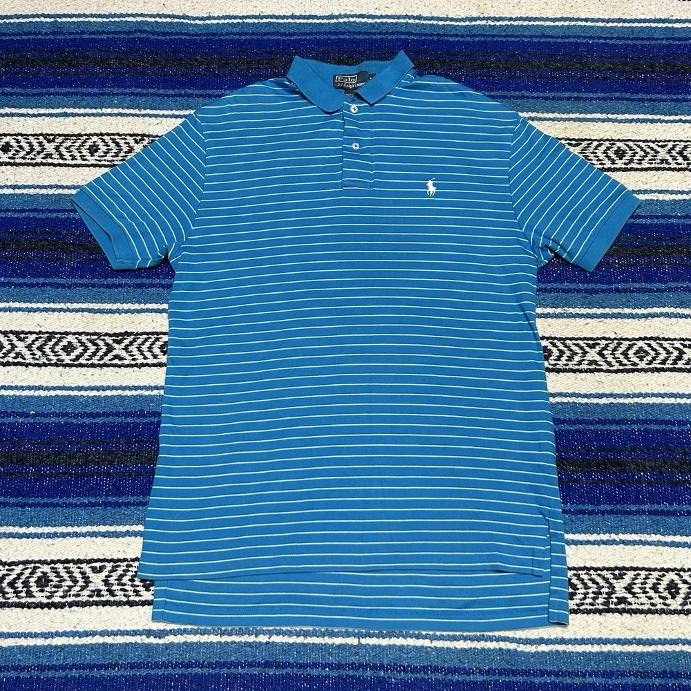 Y2K Polo Ralph Lauren Polo Shirt Mens M Blue Stripe Pony Cotton Golf Preppy